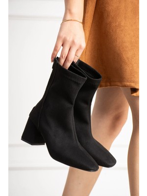 Dabab Shoes Lara Kadın Siyah Süet Streç Küt Burun Fermuarlı 6 cm Kalın Topuklu Bot Bootie