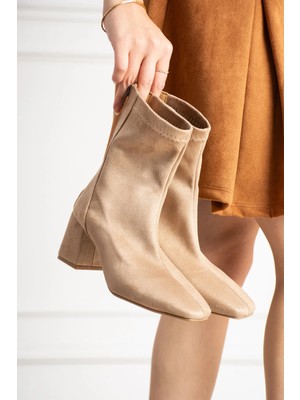 Dabab Shoes Lara Kadın Vizon Süet Streç Küt Burun Fermuarlı 6 cm Kalın Topuklu Bot Bootie