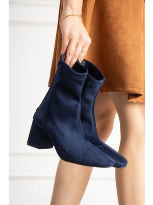 Dabab Shoes Lara Kadın Lacivert Süet Streç Küt Burun Fermuarlı 6 cm Kalın Topuklu Bot Bootie