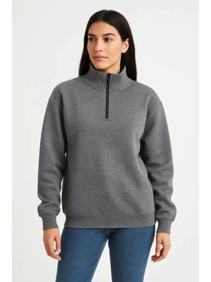 Üç Iplik Dık Yaka Yarım Fermuarlı Sweatshirt - Antrasit