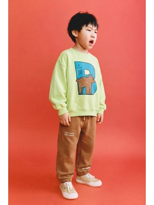 Magu Çocuk Pamuklu Ayı Baskılı Fıstık Yeşili Sweatshirt ve Kahverengi Eşofman Altı Takımı
