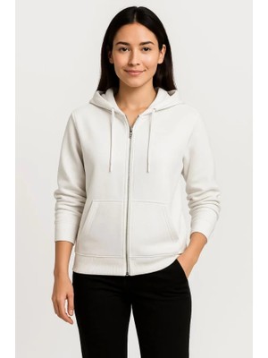 Üç Iplik Kapüşonlu Tam Fermuarlı Kanguru Çepli Sweatshirt Hoodie - Beyaz