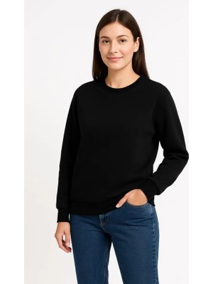 Üç Iplik Düz Bisiklet Yaka Sweatshirt  - Siyah