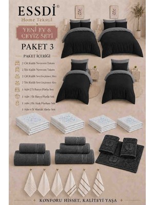 Essdi Home Tekstil Yeni Ev & Çeyiz Seti – Paket 3 Siyah/Antrasit