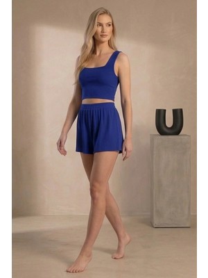 Lareon Kadın Fitilli Şort ve Crop Ikili Takım - Beli Lastikli Spor Şık Set MJN3008