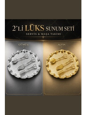 ViraCasa 2'li Lüks Sunum Seti Gümüş ve Altın 2 Tepsi 6 Işlemeli Servis Maşası
