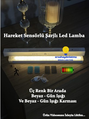 Hareket Sensörlü Şarjlı LED Lamba 30 cm Gün Işığı - Beyaz Çift Renk
