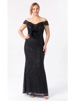 Moda Berray 2521 SİYAH PÜSKÜL DETAYLI GRİTER MADONNA YAKA ŞIK ABİYE