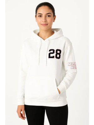 Üç Iplik Kapüşonlu Ön ve Arka Baskılı Sweatshirt Hoodie - Beyaz