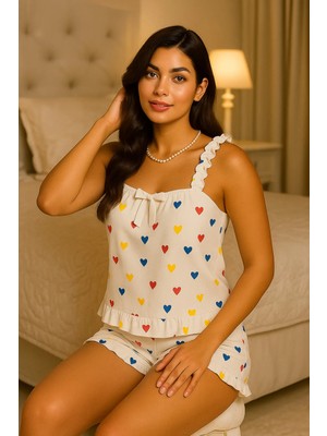 Kalp Baskılı Yumuşak Dokulu Ip Askılı Şortlu Örme Pijama TAKIMI-(17952)
