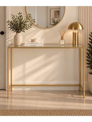 Trendmiz Zarif Gold Şeffaf Camlı Dresuar Metal Konsol Modern Antre ve Salon Dekoratif Dresuar / 85X100X33