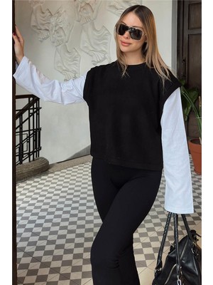 Swist Siyah Bisiklet Yaka Beyaz Kol Garnili Kadın Crop Sweat