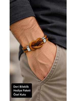 Herşey Nota Ravento Copperloop Kahverengi Deri Erkek Bileklik - Düğüm Detaylı Çok Sıralı