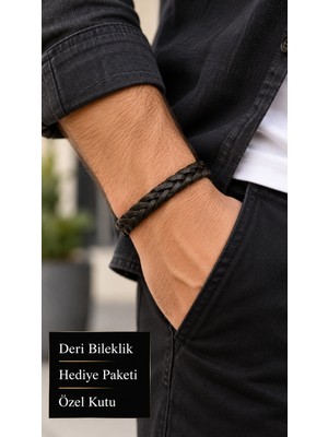 Herşey Nota Navello Darkplait Haki Deri Erkek Bileklik - Geniş Çift Örgü Dokulu Tasarım