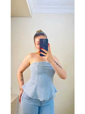 Taşlı Peplum Straplez Denim Ikili Takım