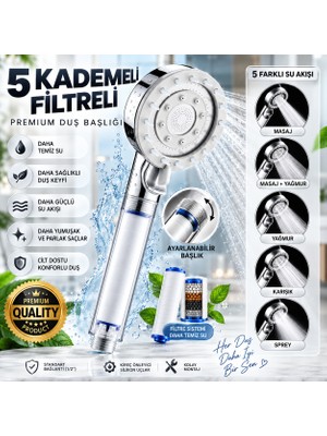 Ufak Tefek Şeyler Filtreli Duş Başlığı 5 Kademeli - Su Arıtmalı, Klor ve Kireç Önleyici, Yüksek Basınçlı Masajlı Duş Başlığı