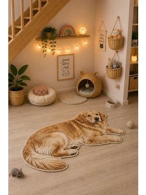 Zng Design Home Golden Retriever Golden-Krem Köpek Figürlü Mama Halısı ve Paspası, Kaymaz Yıkanabilir, Farklı Ölçü