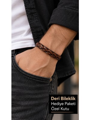 Herşey Nota Tavreno Chestweave Kahverengi Deri Erkek Bileklik - Çift Örgü Tasarım
