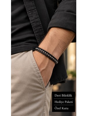 Herşey Nota Dorceno Onyxline Siyah Deri Erkek Bileklik - Parlak Boncuklu Çok Sıralı