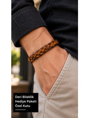 Herşey Nota Bellero Honeybraid Kahverengi Deri Erkek Bileklik - Çift Ton Kalın Örgü