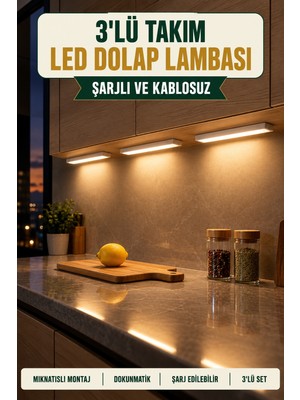 ViraCasa 3'lü LED Mıknatıslı Dolap Altı Lambası Şarjlı Dokunmatik Kablosuz Aydınlatma
