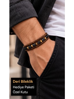 Herşey Nota Dorevian Earthbead Kahverengi Deri Erkek Bileklik - Boncuklu Çok Katmanlı