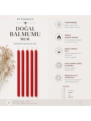 TeknoKapsül Balmumu Mum Dilek Mumu Doğal Petek Ince Uzun Parti Nişan Düğün Ritüel Doğum Günü Mum 15 Adet Beeswax Candle (Kırmızı)