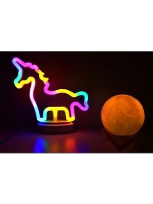 TeknoKapsül Sevimli Renkli Neon Unicorn ve 3D Küre Stantlı, Pil + Kablo'lu Gece Lambası Çocuk Odası Festival Parti Dekorasyon