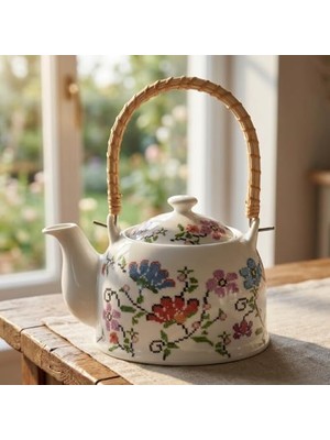 TeknoKapsül Porselen Çini Piraye Demlik - Bambu/hasır Saplı, Ateşe Dayanıklı Nostaljik Bitki Çayı ve Çay Demliği (900 ml - 2 Farklı Desen Seçeneği) (Pıraye)