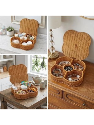 Varsoph Biishe® Kapaklı 5 Bölmeli Plastik Rattan Organizer Kutu – Hasır Desenli Çok Amaçlı Saklama ve Sunum Sepeti Çerezlik