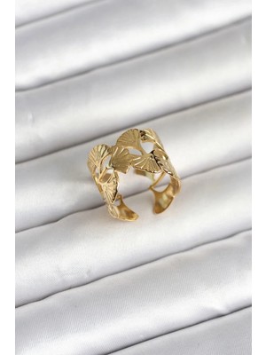 Varsoph Mey Ithalat® 316L Çelik Gold Renk Yelpaze Model Kadın Yüzük