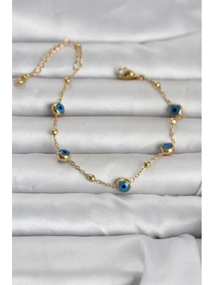 Varsoph Mey Ithalat® 316L Çelik Gold Renk Top Zincirli Nazarlı Kadın Bileklik