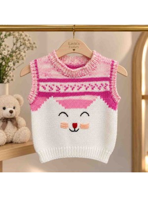 Lavin’s Luxury Minik Pati El Örgüsü Kız Çocuk Süveteri – Pembe Beyaz Örme Kedi Desenli