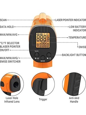 TeknoKapsül Thermopro TP30 Yüksek Hassasiyetli Profesyonel Kızılötesi Termometre, -50°c Ila 550°C (-58°f Ila 1022°F) Ayarlanabilir Emisiviteli Dijital Lazer Termometre (Vücut Kullanımı Için Değildir)