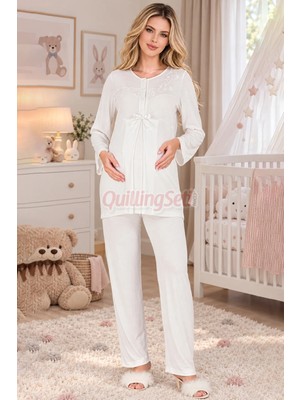 Quilling Ekru Renkli, Dantel Detaylı 33209 Uzun Kol, 2 Parça Lohusa Hamile Pijama Takımı