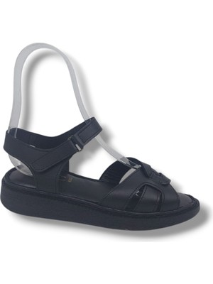 Zerhan 201 Kadın Siyah Cırtlı Hakiki Deri Yumuşak Taban Comfort Sandalet Ayakkabı