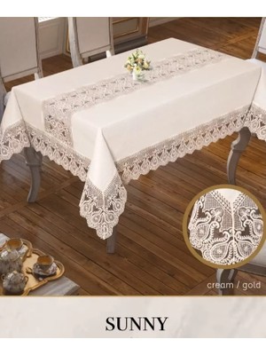 Elitse Sunny Krem-Gold 160X260 cm Parlak Keten Masa Örtüsü Şık Yemek Masası Dekoru