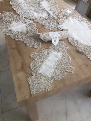 Elitse Salon Takımı Keten Angelika Çeyizlik Kreme Gold Runner Set 5 Parça Keten Ranır Masa Sehpa Konsol Örtüsü