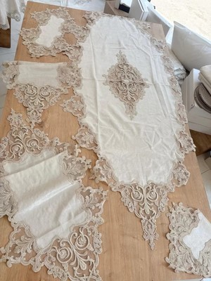 Elitse Salon Takımı Çeyizlik Krem Runner Set 5 Parça Kadife Masa Örtüsü Runneri Eva