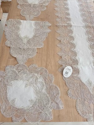 Elitse Salon Takımı Angel Çeyizlik Kreme Gold Runner Set 5 Parça Keten Ranır Masa Sehpa Konsol Örtüsü