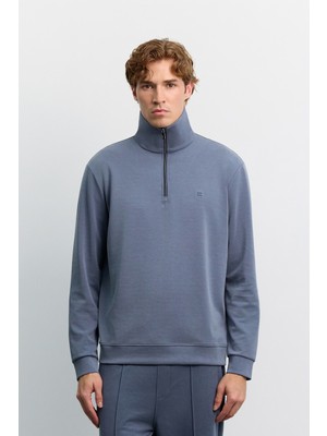 AVVA Erkek İndigo Dik Yaka Fermuarlı Modal Karışımlı Soft Touch Regular Fit Sweatshirt A62Y1271