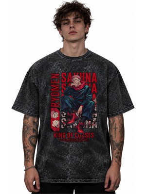 Sevbano Ryomen Sukuna Jujutsu Kaisen Anime Baskılı Unisex Oversize Vintage Retro Yıkamalı Tişört