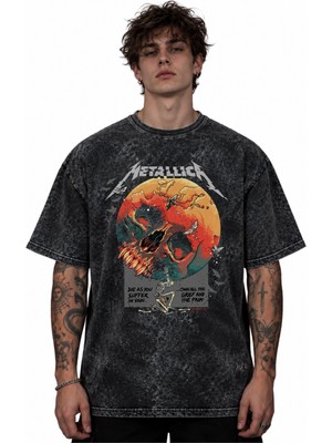 Sevbano Metallica Rock Metal Müzik Grubu Baskılı Unisex Oversize Vintage Yıkamalı Tişört