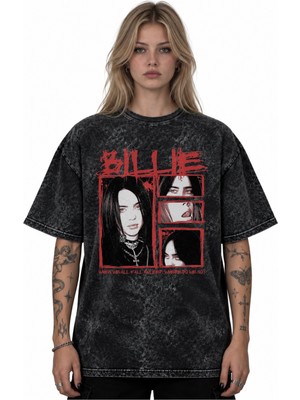 Sevbano Billie Eilish Şarkıcı Baskılı Unisex Oversize Vintage Retro Yıkamalı Tişört
