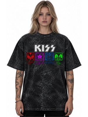 Sevbano Kiss Rock Metal Müzik Grubu Baskılı Unisex Oversize Vintage Retro Yıkamalı Tişört