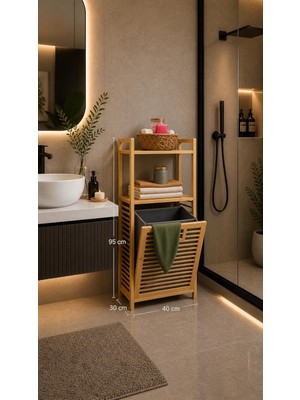 Bambu Çamaşır Sepeti, Raflı ve Kapaklı, Çıkarılabilir Bezli, Banyo Organizeri, 40X30X95 cm
