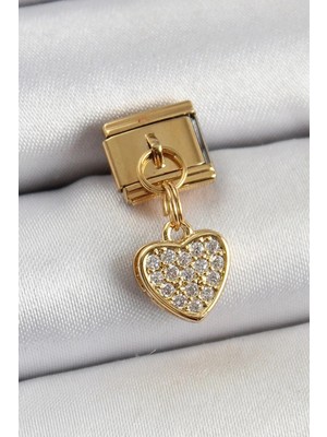 Varsoph Mey Ithalat® 316L Çelik Sallantılı Zirkon Taşlı Kalp Model Gold Renk Nomination Charm