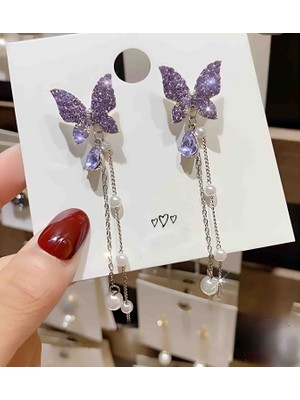 Kiraz Çiçeği Jewelry Kore Tarzı Taşlı Sallantılı Kelebekli Küpe