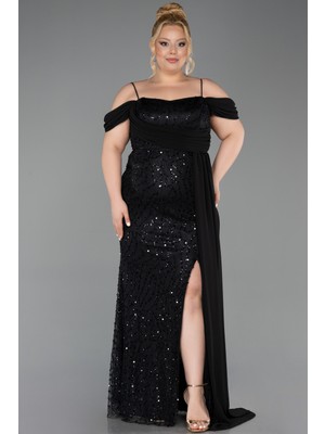 Abiyefon Askılı Yırtmaçlı Uzun Pullu Büyük Beden Abiye ABU6134