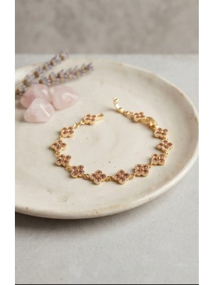 Allsisii  Gold Renk Pembe Zirkon Taşlı Yonca Model Kadın Bileklik